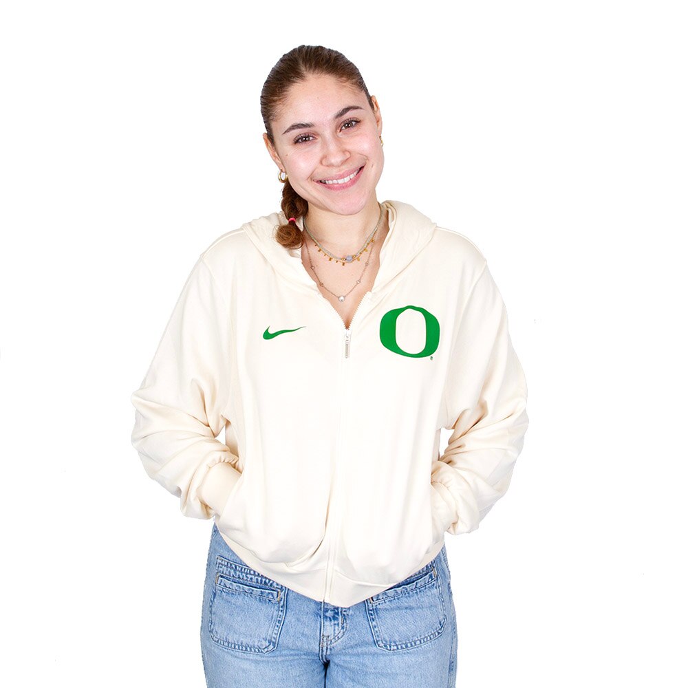 Classic Oregon O, Nike, Green, Full Zip, Cotton Blend, Women, Natural, Hoodie, Sweatshirt, 874380